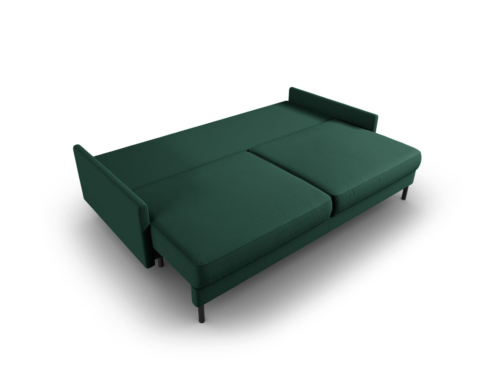 Stylisches 3-Sitzer Sofa in elegantem Grün, das als Schlafsofa dient und praktischen Stauraum für Kissen und Decken bietet.
