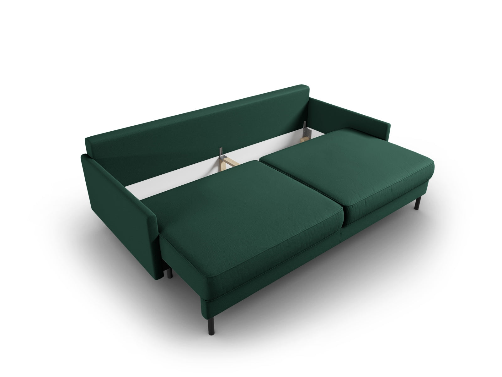 Modernes 3-Sitzer Sofa in ansprechendem Grün, das sich mühelos in ein bequemes Bett verwandelt und zusätzlichen Stauraum bietet.
