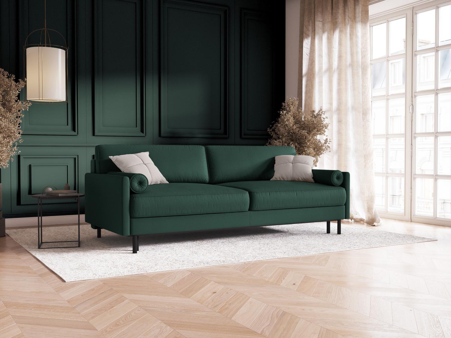 Elegantes Scott Sofa in Grün mit Schlaffunktion und praktischem Stauraum, ideal für stilvolle Wohnräume und Gästeübernachtungen.