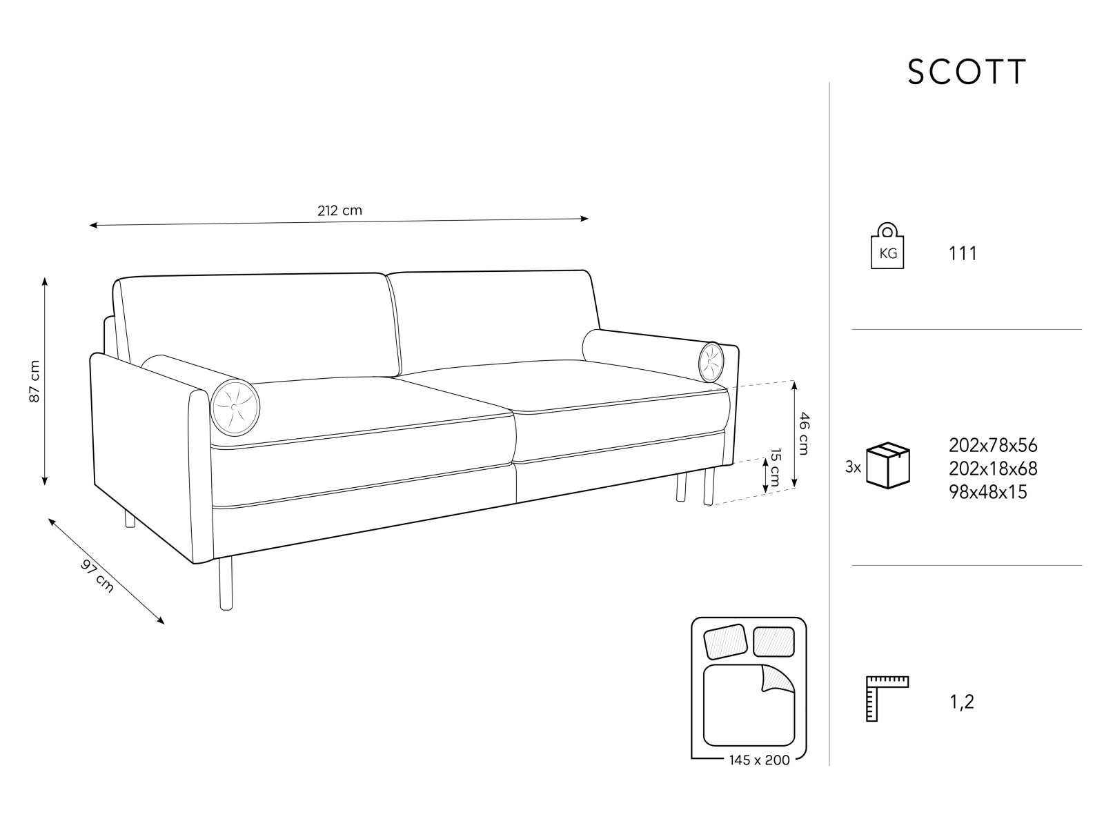 Elegantes 3-Sitzer Bettsofa von Micadoni in stilvollem Blau, ideal für Gästeübernachtungen und mit praktischem Stauraum.