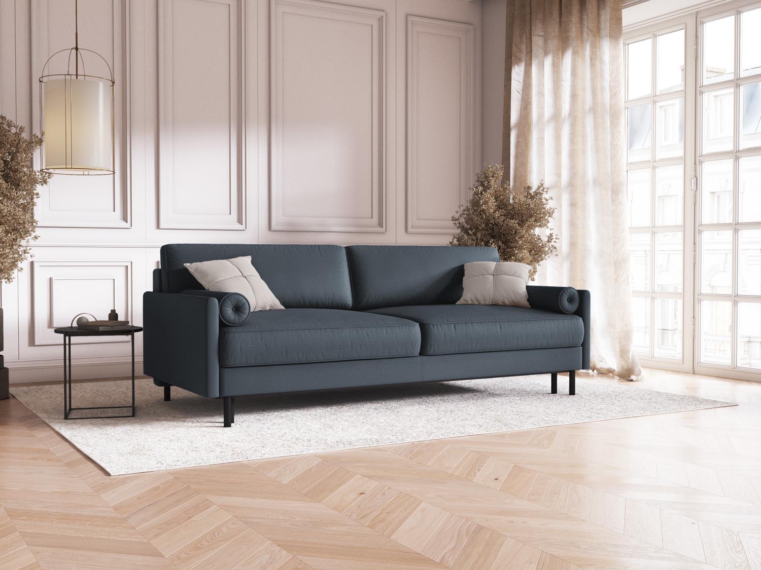 Elegantes Scott Sofa in Blau mit Schlaffunktion und praktischem Stauraum, ideal für stilvolle Wohnräume und Gästeübernachtungen.