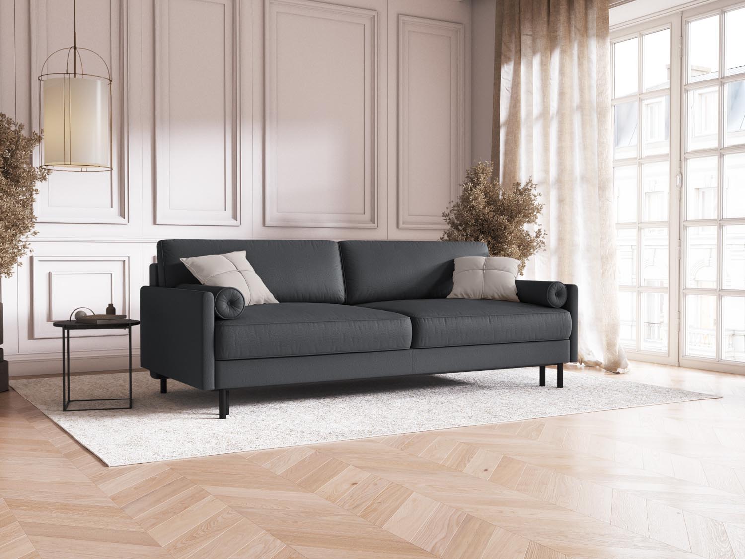Elegantes Scott Sofa in Dunkelgrau mit Schlaffunktion und praktischem Stauraum, ideal für modernes Wohnen und Gästeübernachtungen.