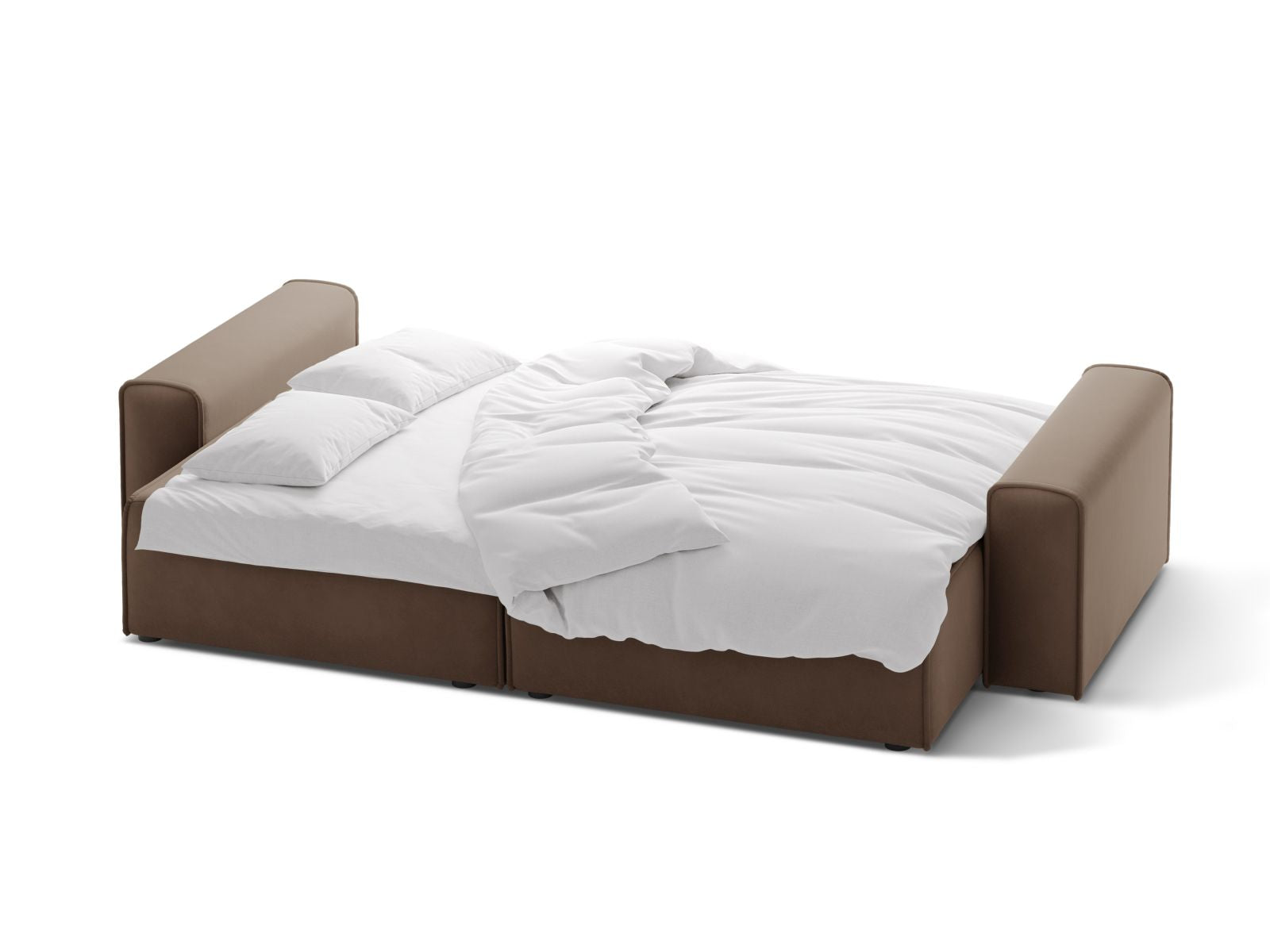 Stylisches 3-Sitzer Sofa Victor in Chocolate-Paris, perfekt für Wohnräume, bietet Schlaffunktion und cleveren Stauraum für mehr Komfort.