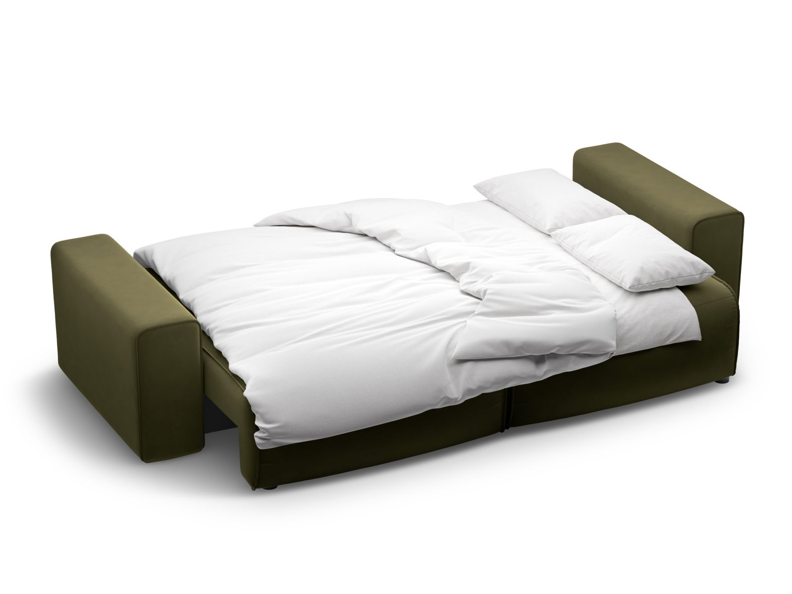 Stylisches 3-Sitzer Bettsofa Victor in modernem Moss Green Melange, perfekt für Gäste und mit praktischem Stauraum für Kissen und Decken.