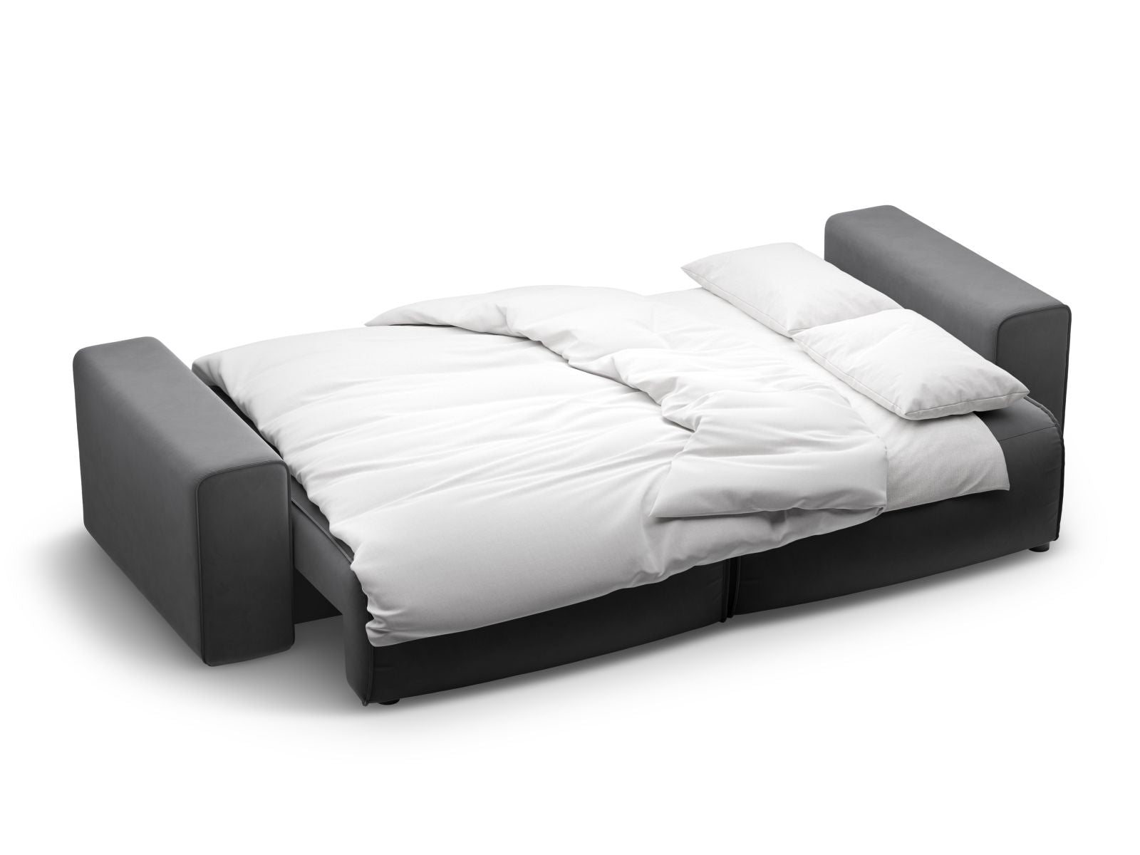 Modernes 3-Sitzer Bettsofa Victor in stilvollem Grau, ausgestattet mit Schlaffunktion und cleverem Stauraum für vielseitige Nutzung.