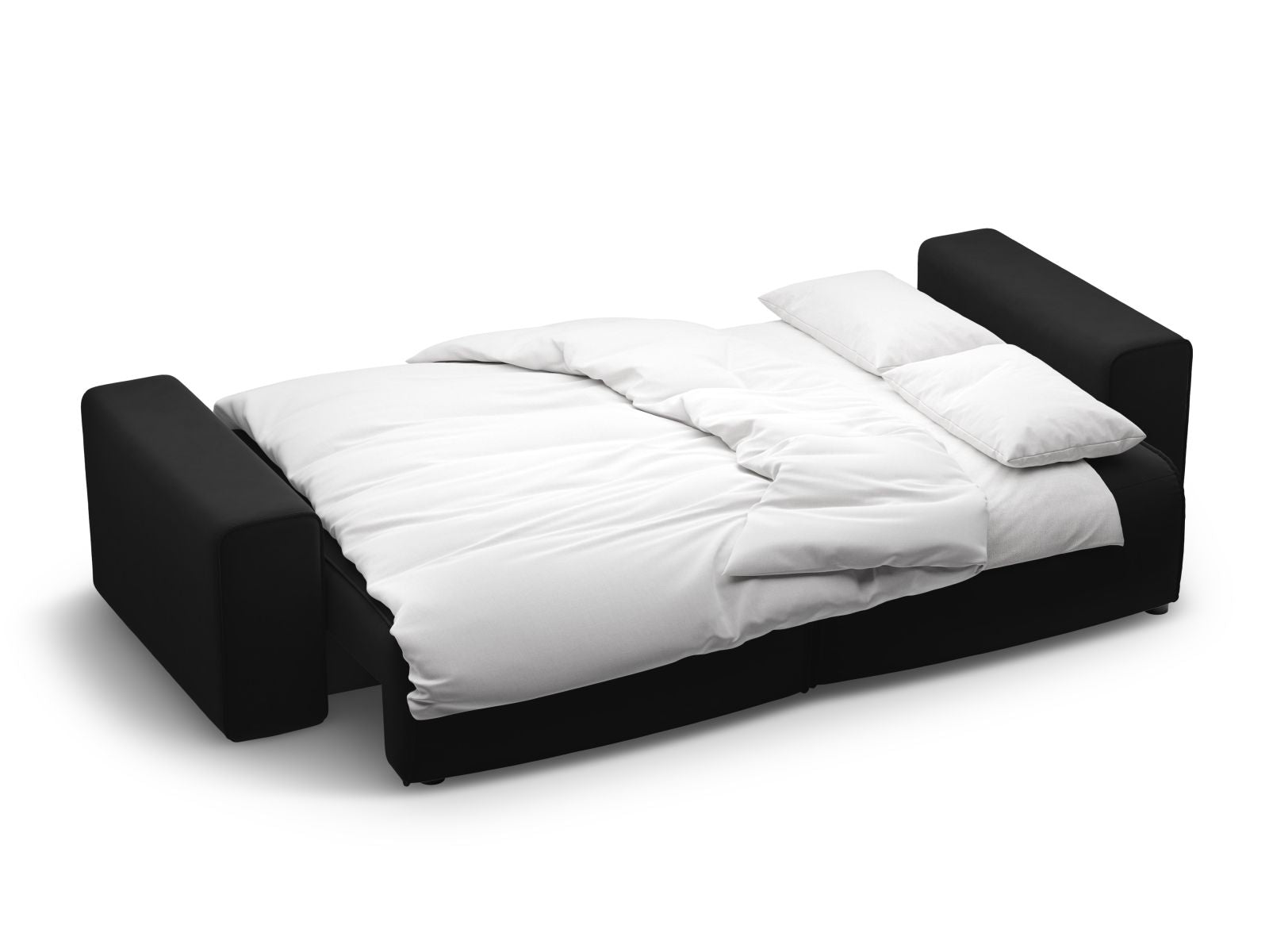 Stylisches 3-Sitzer Bettsofa Victor in Schwarz, perfekt für entspannte Abende und bietet zusätzlichen Stauraum für Kissen und Decken.