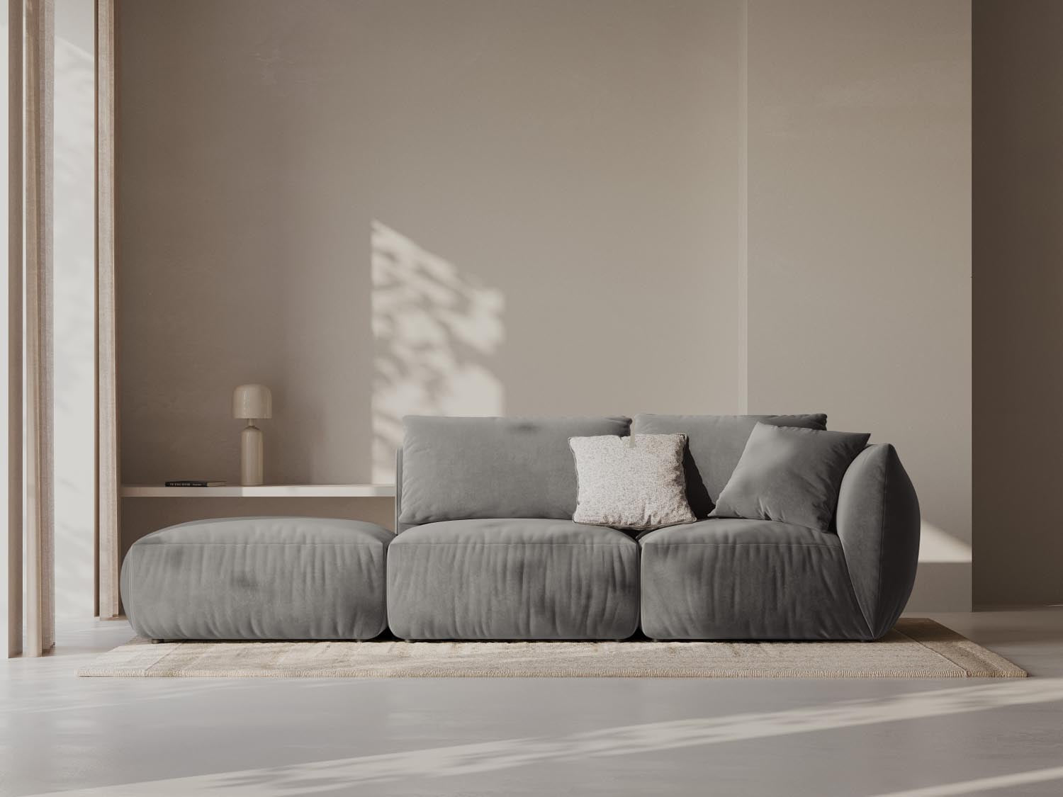 Elegantes Chris Velour 3-Sitzer Sofa in Grau, linksseitig, stilvoll und modern, ideal für jedes Wohnzimmer. Hochwertige Verarbeitung von Micadoni.