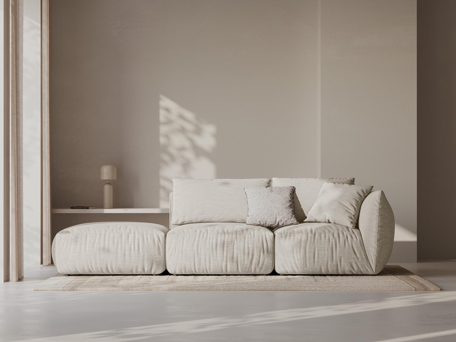 Elegantes Chris Modular Sofa links 3 Sitzer in natürlichem Linsenton, ideal für stilvolle Wohnräume. Perfekt für individuelles Einrichten.