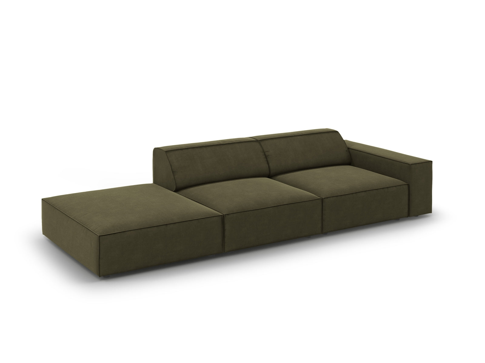 Modulares 3-Sitzer Sofa Jodie in luxuriösem Velours, linksseitig, in einem ansprechenden Grün-Blau, perfekt für moderne Wohnkonzepte.