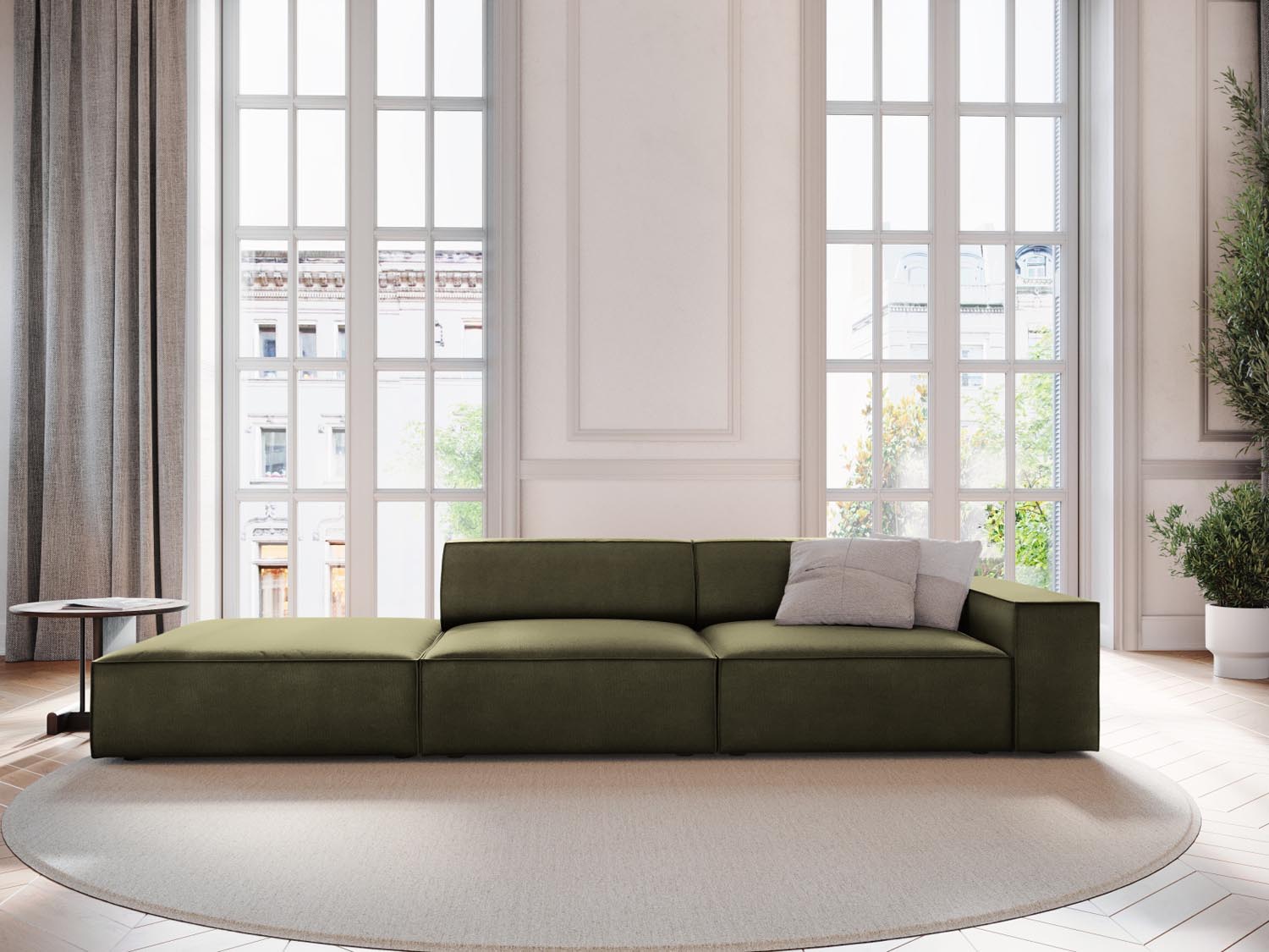 Elegantes Jodie Velour Sofa in Grün-Blau, modulares 3-Sitzer L-Sofa links von Micadoni, ideal für stilvolle Wohnräume.