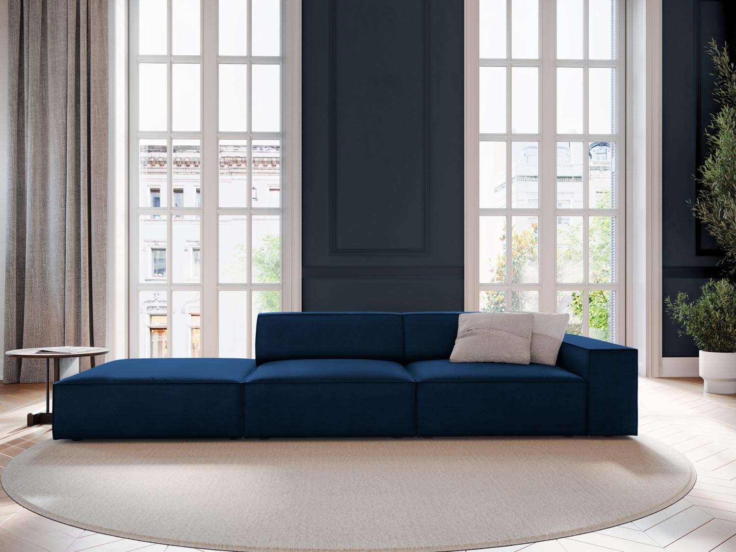 Elegantes Jodie Velour 3-Sitzer Sofa in Royal Blue, linksseitig, ideal für stilvolle Wohnräume. Modulares Design von Micadoni.
