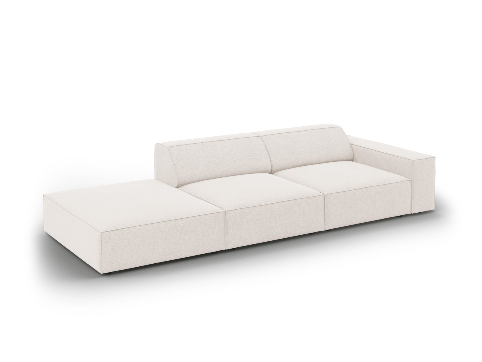 Modernes 3-Sitzer Sofa Jodie in hellem Beige, mit offener linker Seite, perfekt für gemütliche und stilvolle Wohnbereiche.