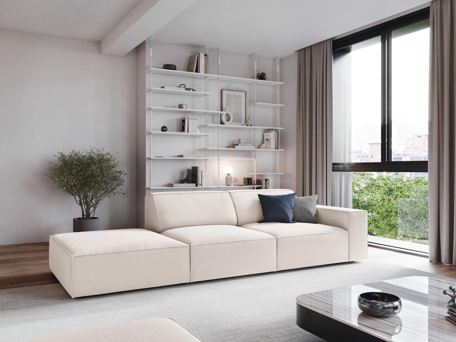 Elegantes Jodie Modulares Sofa in Light Beige, 3-Sitzer mit offener linker Seite, ideal für stilvolle Wohnräume.