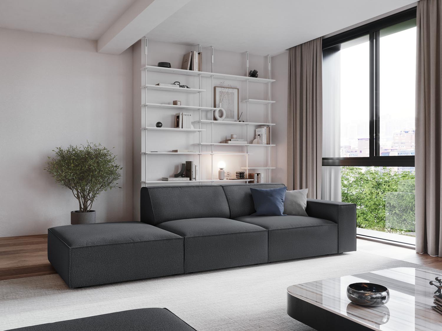 Elegantes Jodie Modulares Sofa in Dunkelgrau, 3-Sitzer, offen links, ideal für stilvolle Wohnräume, präsentiert von Micadoni.
