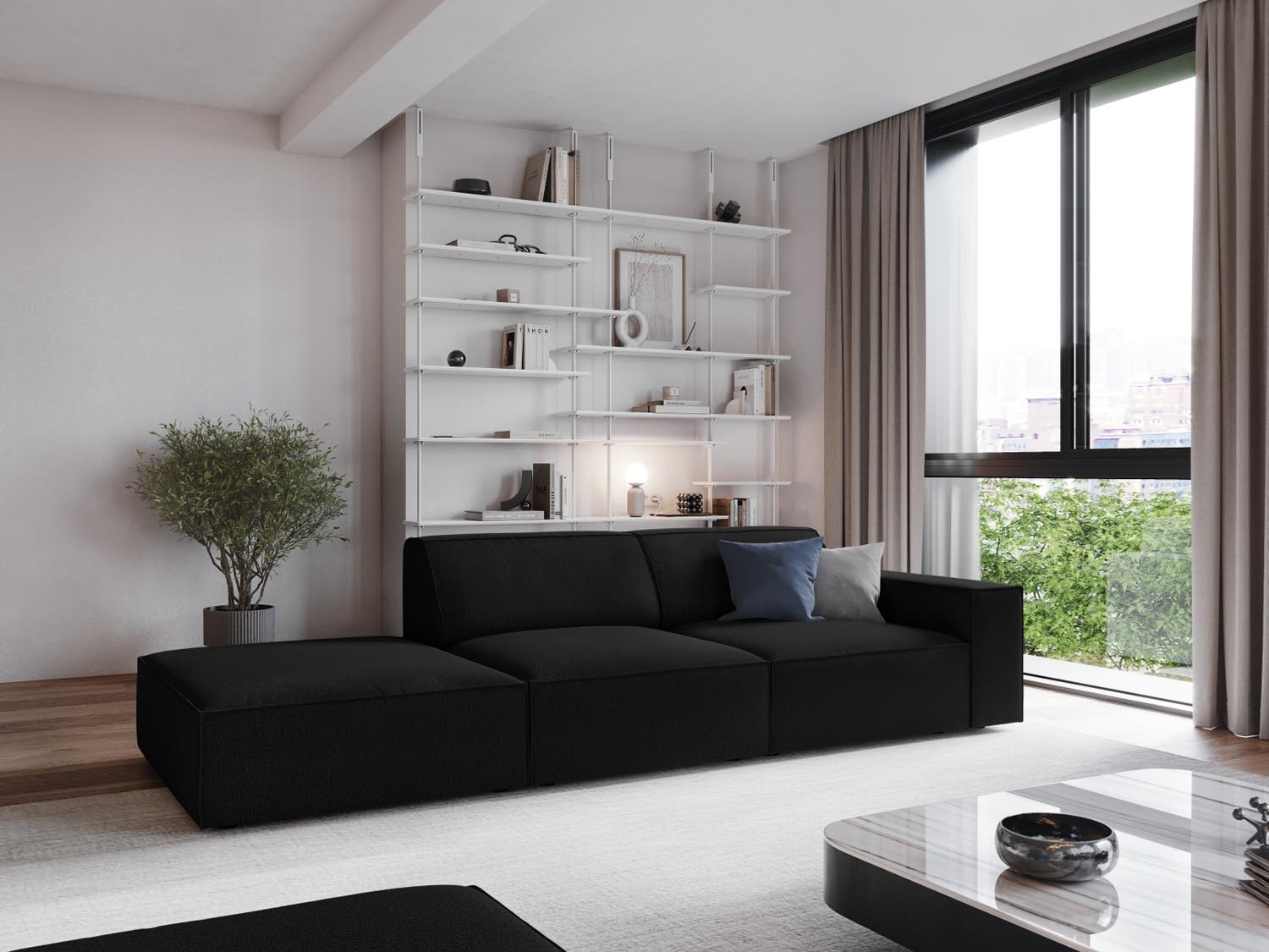 Elegantes Jodie Modulares Sofa in Schwarz, 3-Sitzer mit offener linker Seite, ideal für stilvolle Wohnräume. Von Micadoni.