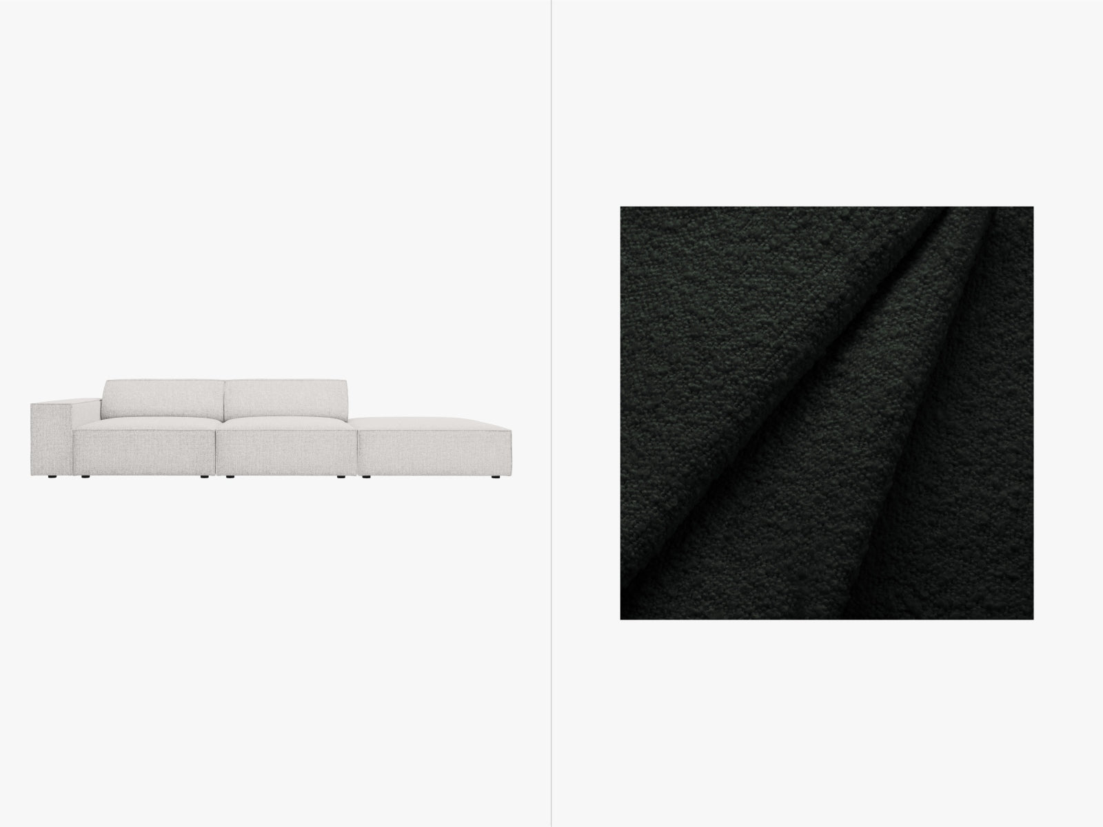 Elegantes Jodie Boucle Sofa in modularer Form, offenes Design auf der rechten Seite, ideal für stilvolle Wohnräume.