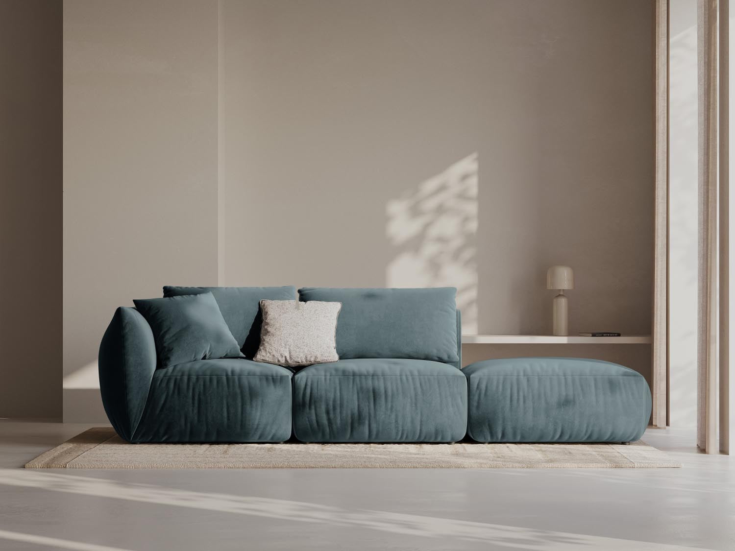 Elegantes Chris Velour Modular Sofa in Pastellblau, 3-Sitzer, ideal für stilvolle Wohnräume, präsentiert von KAQTU Design AG.