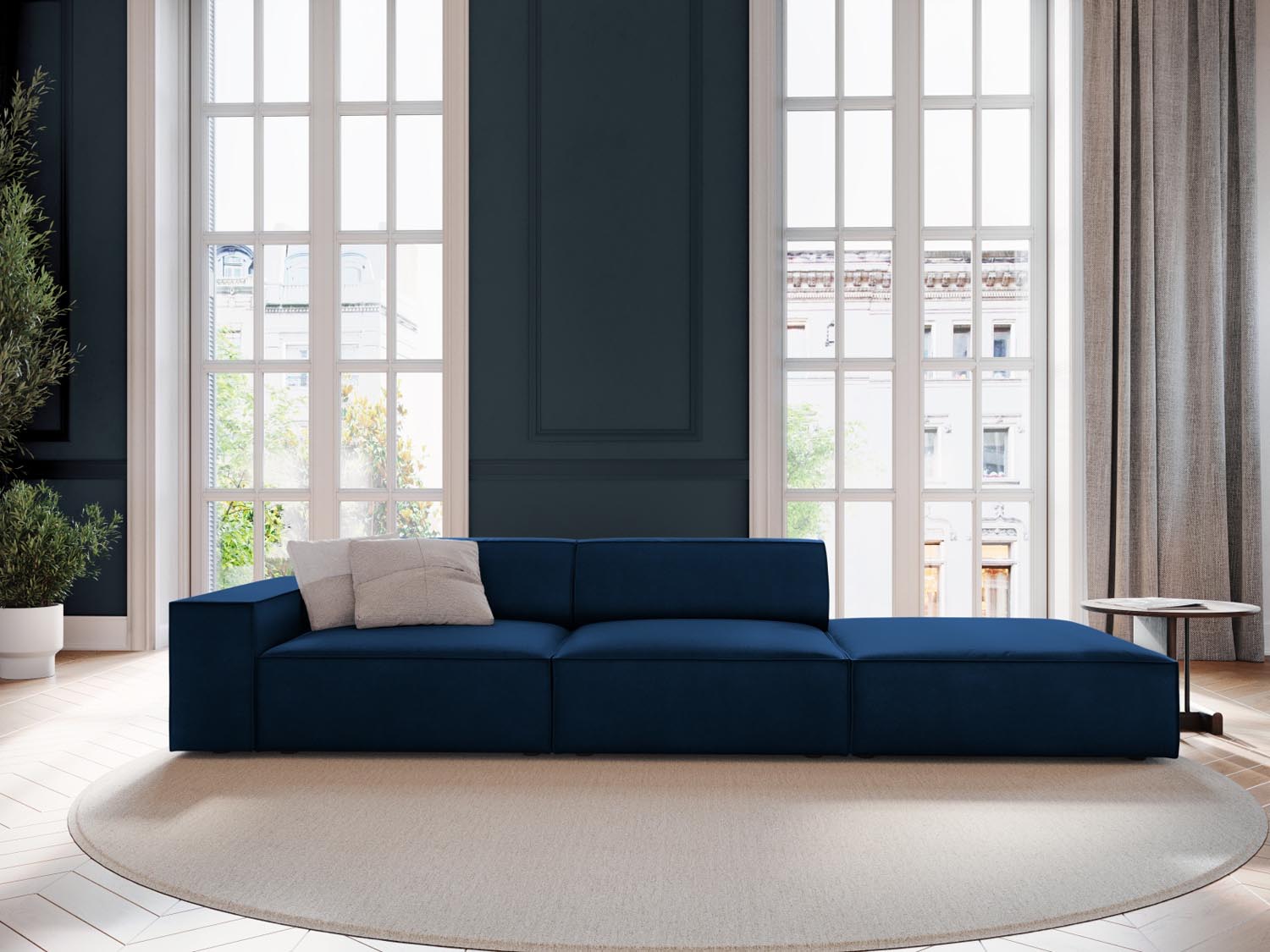 Elegantes Jodie Velour Sofa in Royal Blue, 3-Sitzer, modulares Design, ideal für stilvolle Wohnräume, präsentiert von Micadoni.
