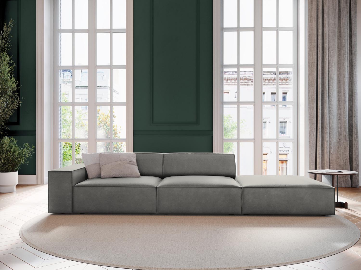 Elegantes Jodie Velour Sofa in Hellgrau, 3-Sitzer, modulare L-Form, ideal für stilvolle Wohnräume, präsentiert von Micadoni.