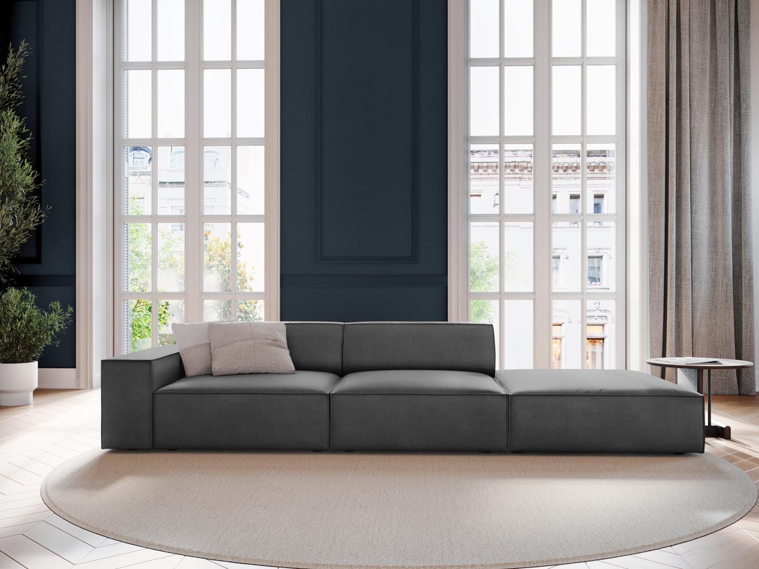 Elegantes Jodie Velour Sofa in Grau-Blau, 3-Sitzer, modulares Design, ideal für stilvolle Wohnräume, präsentiert von Micadoni.
