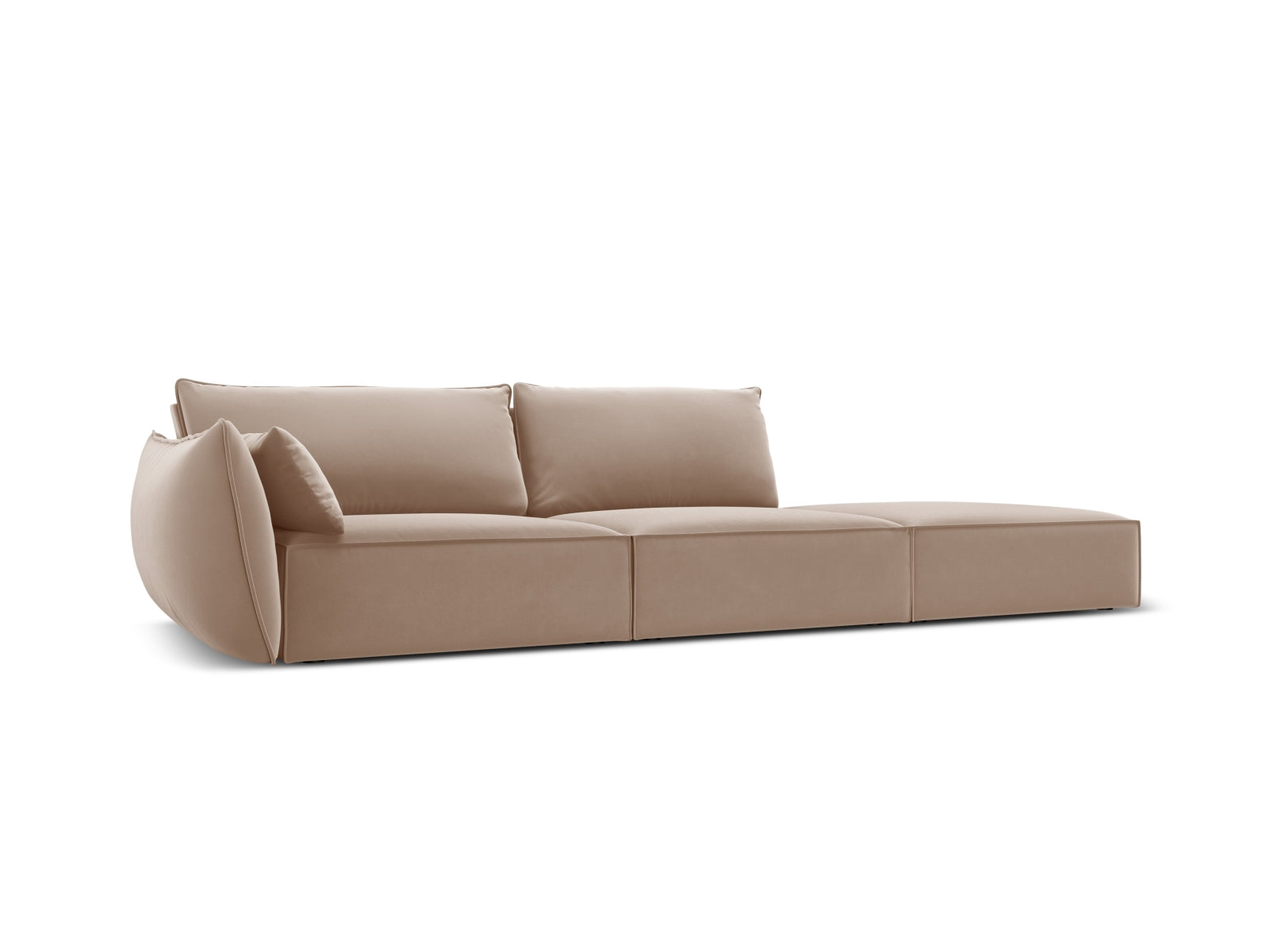 Elegantes Kaelle Velour Sofa in Beige-Bluvel, 4-Sitzer, rechtsseitig, ideal für stilvolle Wohnräume, erhältlich bei KAQTU Design AG.
