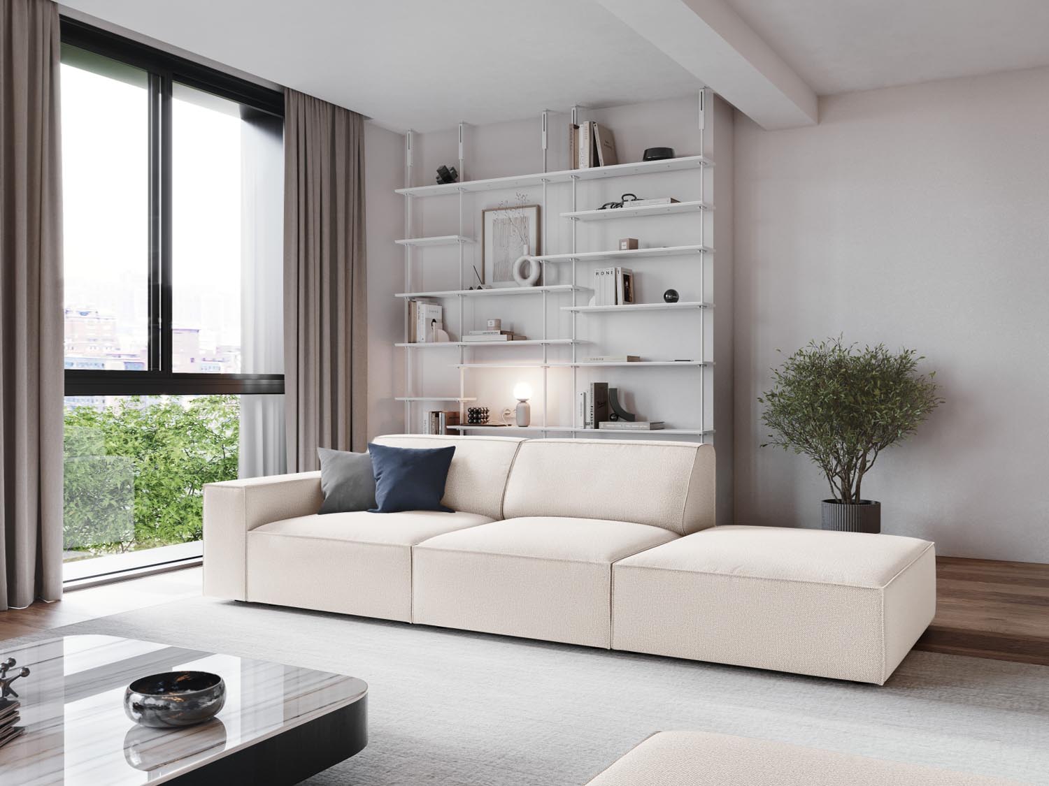 Elegantes, modulares 3-Sitzer Sofa "Jodie" in hellem Beige, ideal für stilvolle Wohnräume, präsentiert in einer einladenden Atmosphäre.