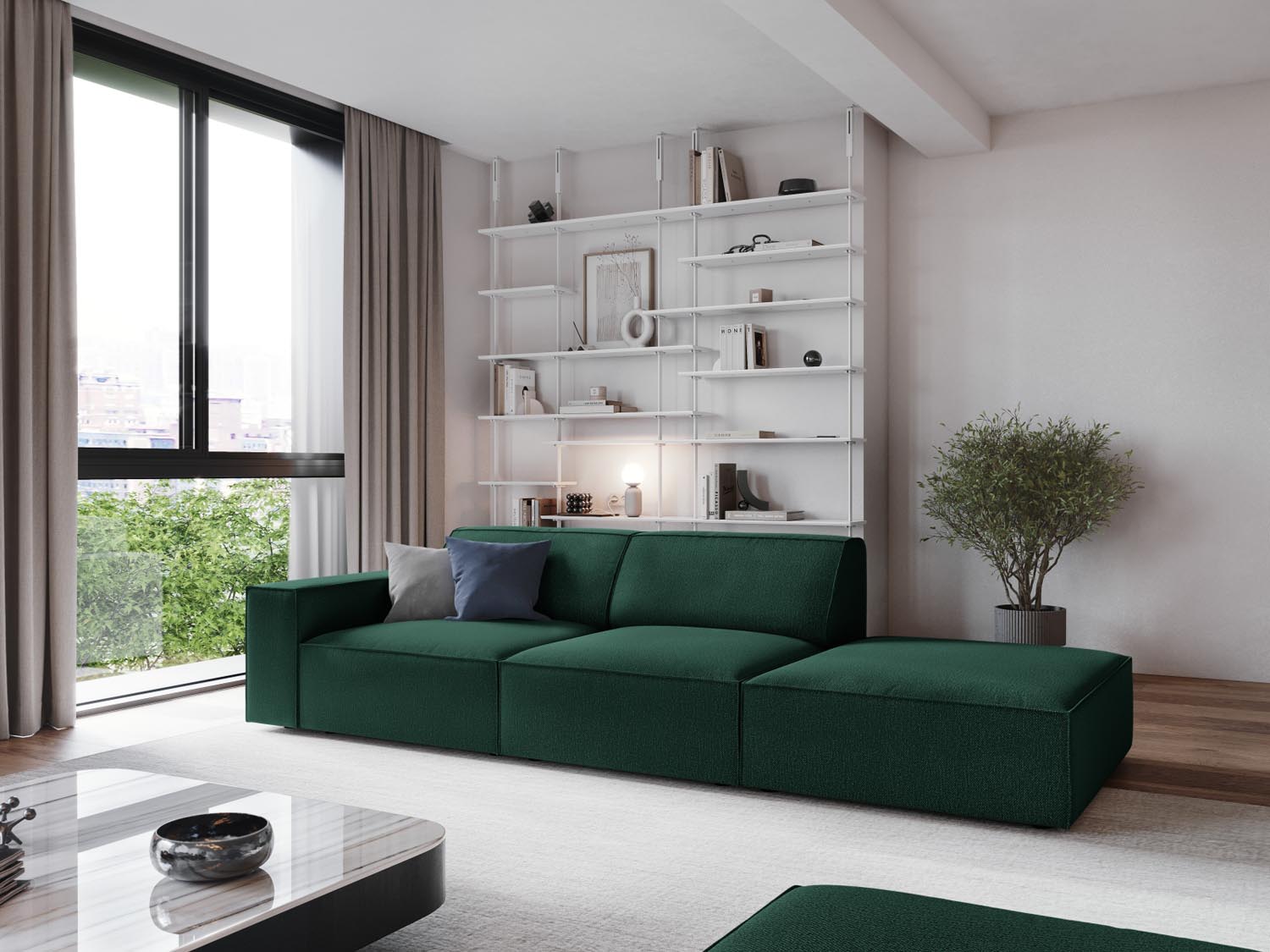 Elegantes, modulares 3-Sitzer Sofa "Jodie" in Grün, ideal für stilvolle Wohnräume. Rechtsseitige offene Gestaltung für modernes Ambiente.