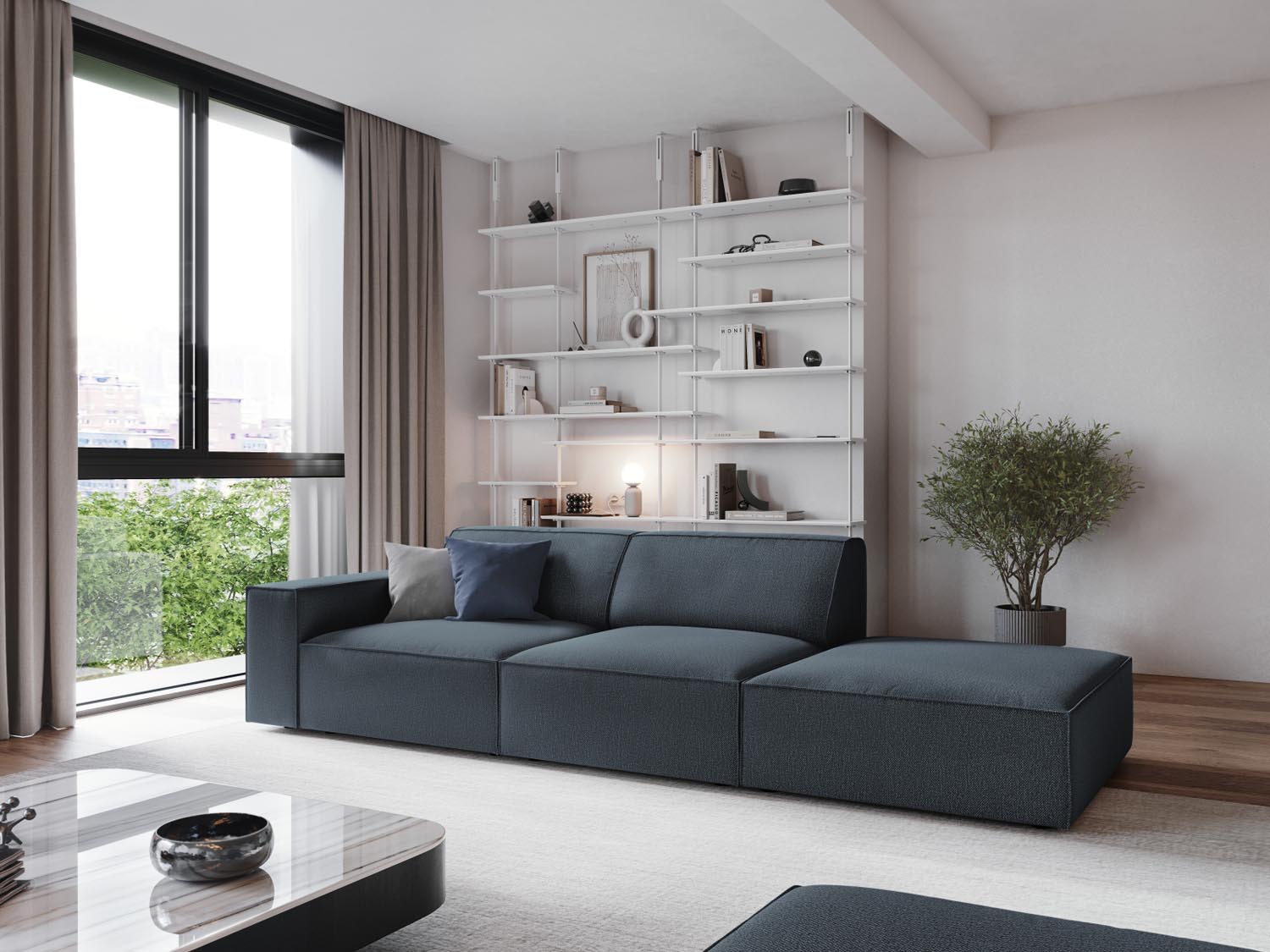 Elegantes, modulares 3-Sitzer Sofa "Jodie" in Blau, offen rechts, ideal für stilvolle Wohnräume. Perfekte Kombination aus Komfort und Design.