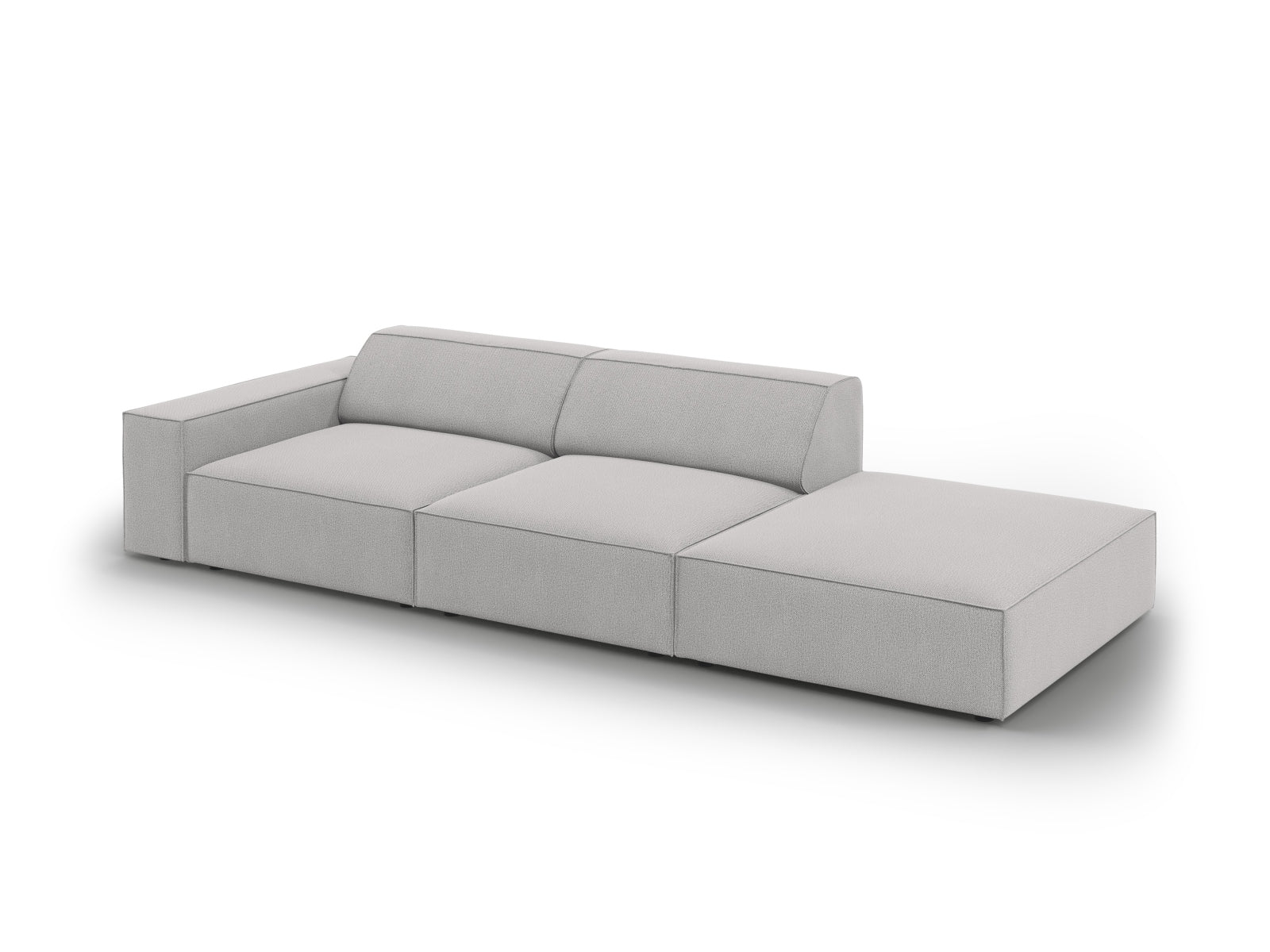 Modulares 3-Sitzer Sofa "Jodie" in sanftem Grau, perfekt für stilvolle Wohnzimmer, bietet Flexibilität und Komfort in modernem Design.