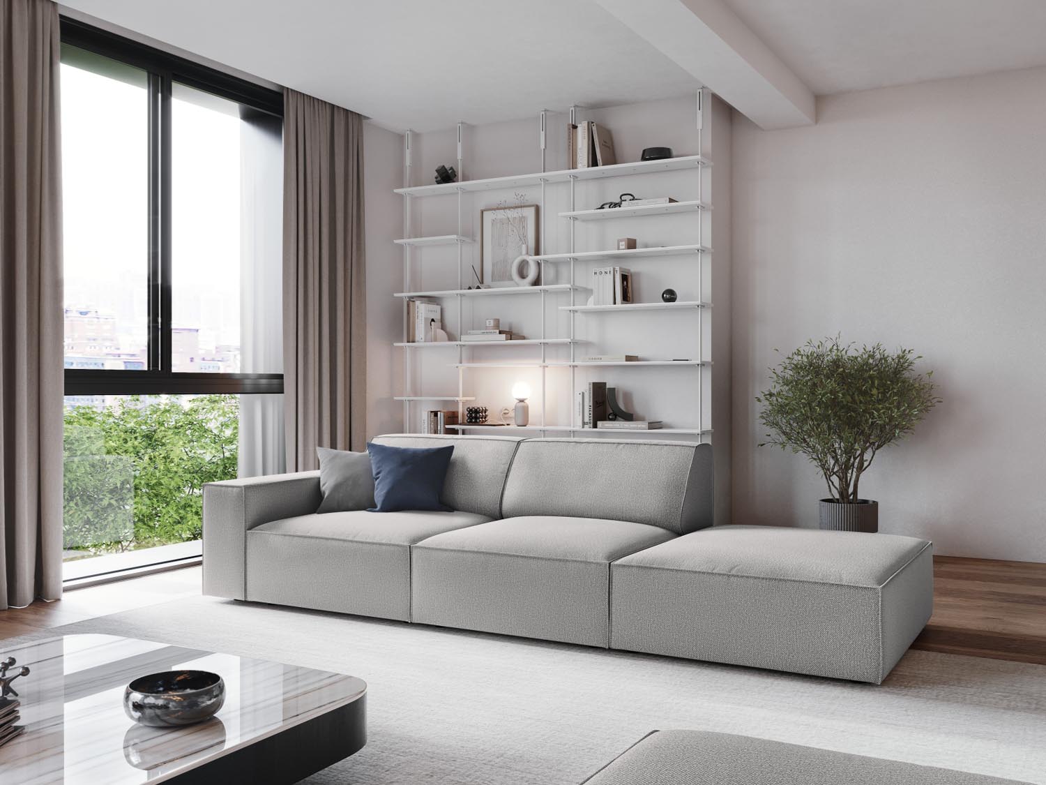 Elegantes, modulares 3-Sitzer Sofa "Jodie" in hellem Grau, ideal für moderne Wohnräume, präsentiert in stilvollem Ambiente.