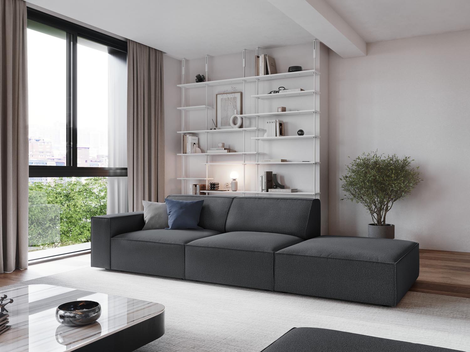 Elegantes, modulares 3-Sitzer Sofa "Jodie" in Dunkelgrau, ideal für moderne Wohnräume, präsentiert in stilvollem Ambiente.