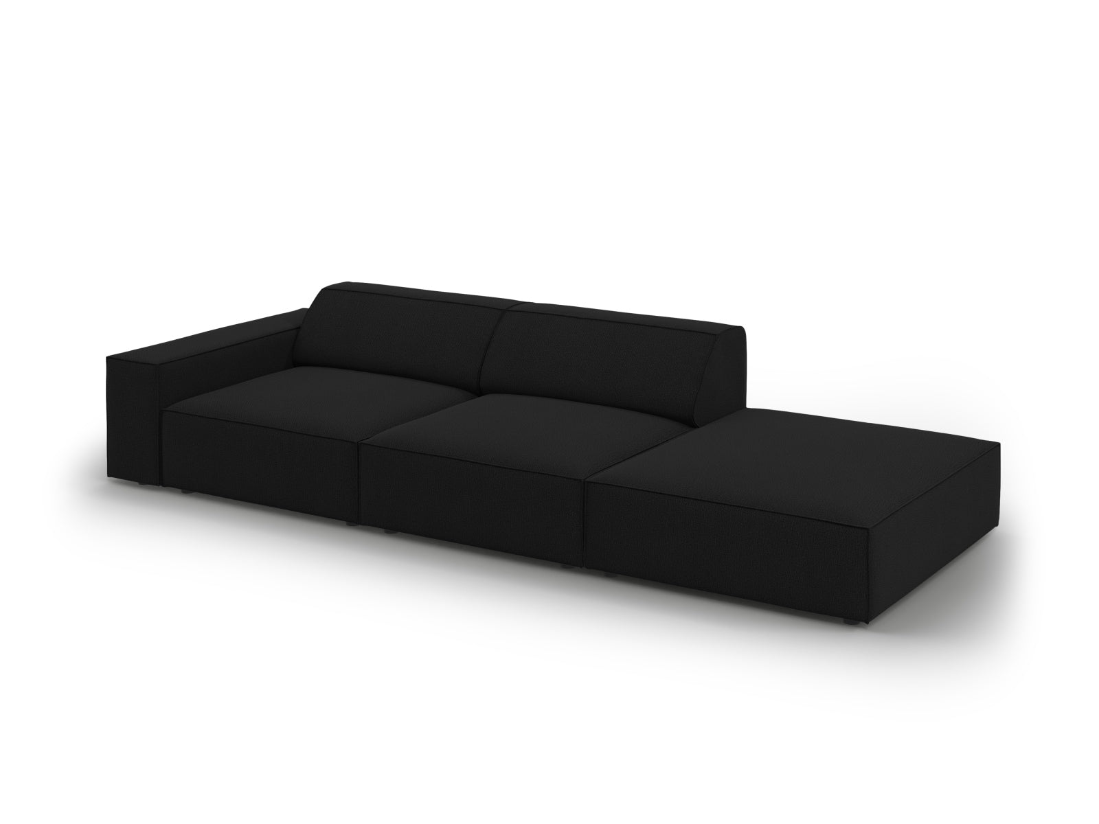 Modernes 3-Sitzer Sofa Jodie in Schwarz, mit offener rechter Seite, perfekt für gemütliche und elegante Wohnambiente.