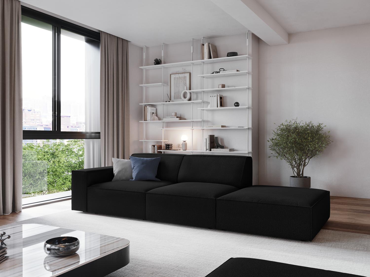 Elegantes Jodie Modulares Sofa in Schwarz, 3-Sitzer mit offener rechter Seite, ideal für stilvolle Wohnräume.