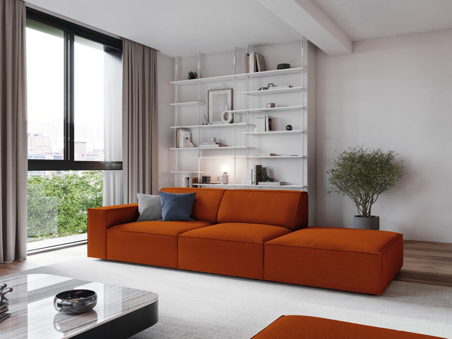 Elegantes Jodie 3-Sitzer Sofa in Terracotta, offen rechts, ideal für moderne Wohnräume. Stilvolles Design von Micadoni.