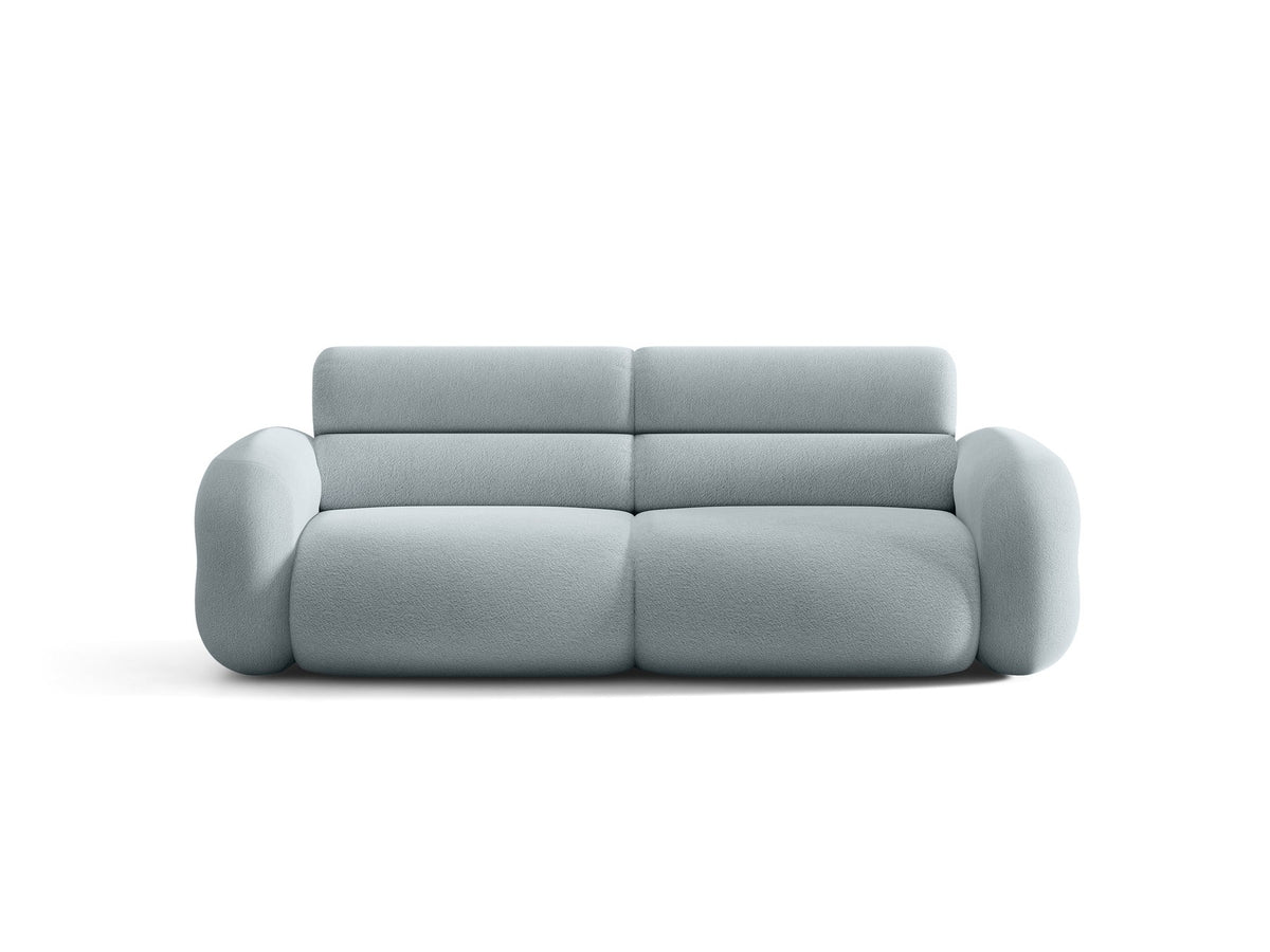 3er Sofa Neo von Micadoni in dunklem Olivgrün, mit strukturiertem Bouclé-Stoff, schwarzen Kunststoffbeinen und hoher gepolsterter Rückenlehne.
