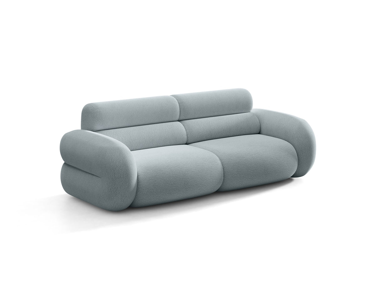 3er Sofa Neo von Micadoni in dunklem Olivgrün, mit strukturiertem Bouclé-Stoff, schwarzen Kunststoffbeinen und hoher gepolsterter Rückenlehne.