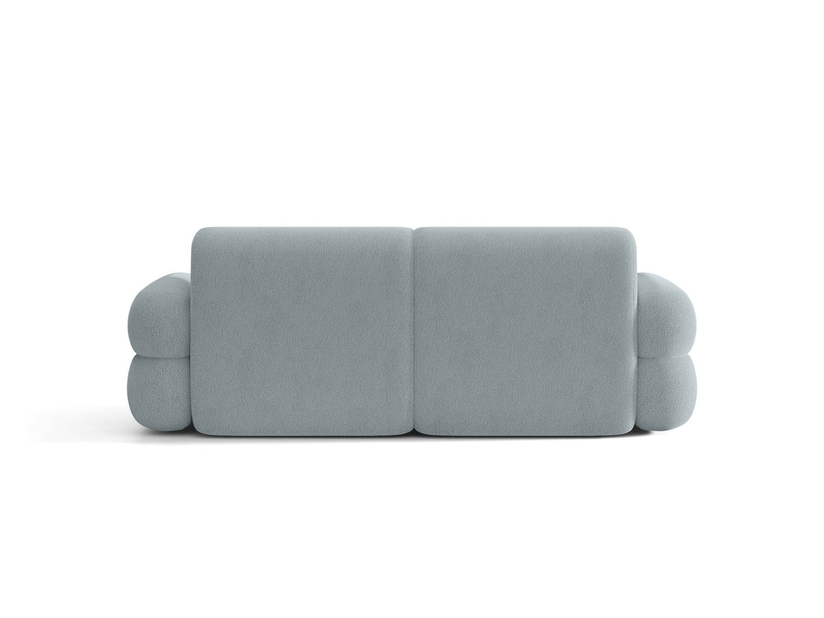 3er Sofa Neo von Micadoni in dunklem Olivgrün, mit strukturiertem Bouclé-Stoff, schwarzen Kunststoffbeinen und hoher gepolsterter Rückenlehne.