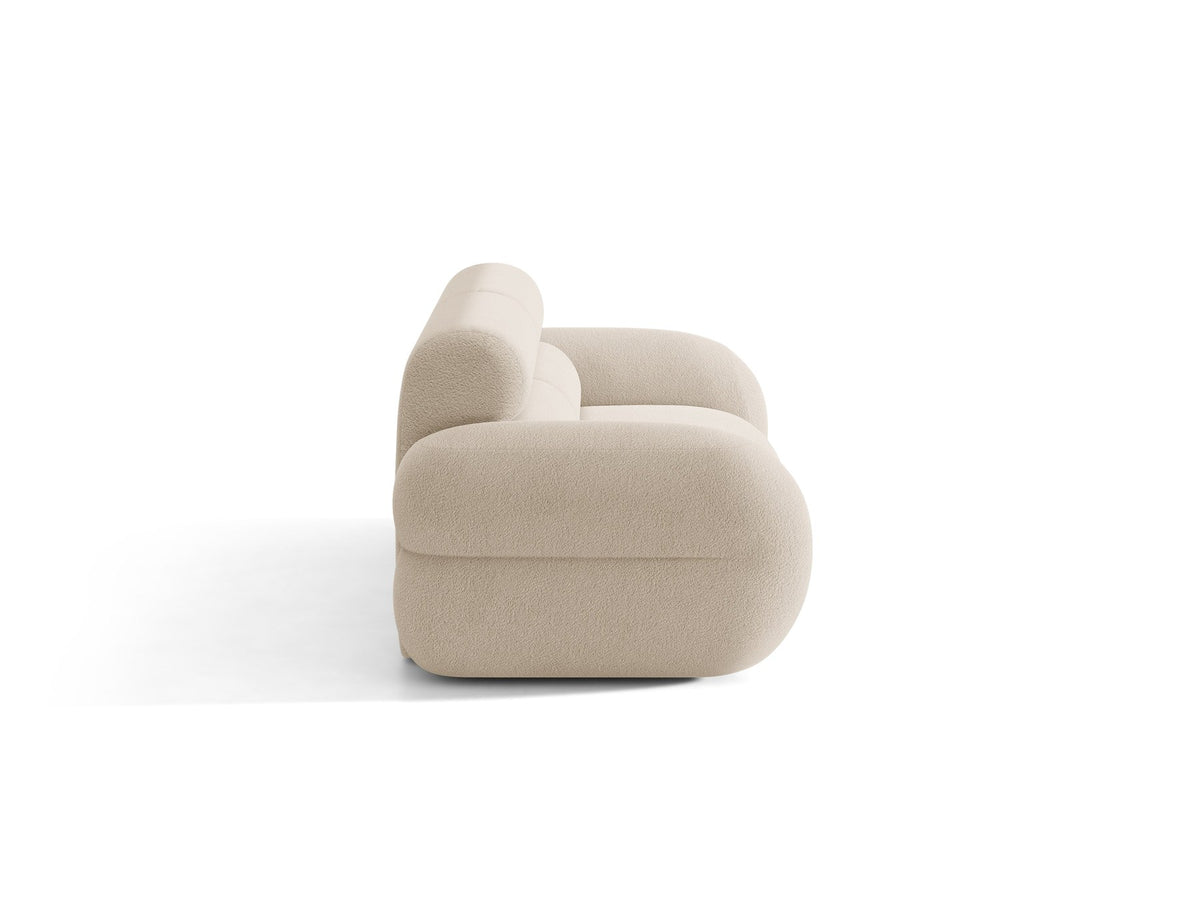 3er Sofa Neo von Micadoni in dunklem Olivgrün, mit strukturiertem Bouclé-Stoff, schwarzen Kunststoffbeinen und hoher gepolsterter Rückenlehne.