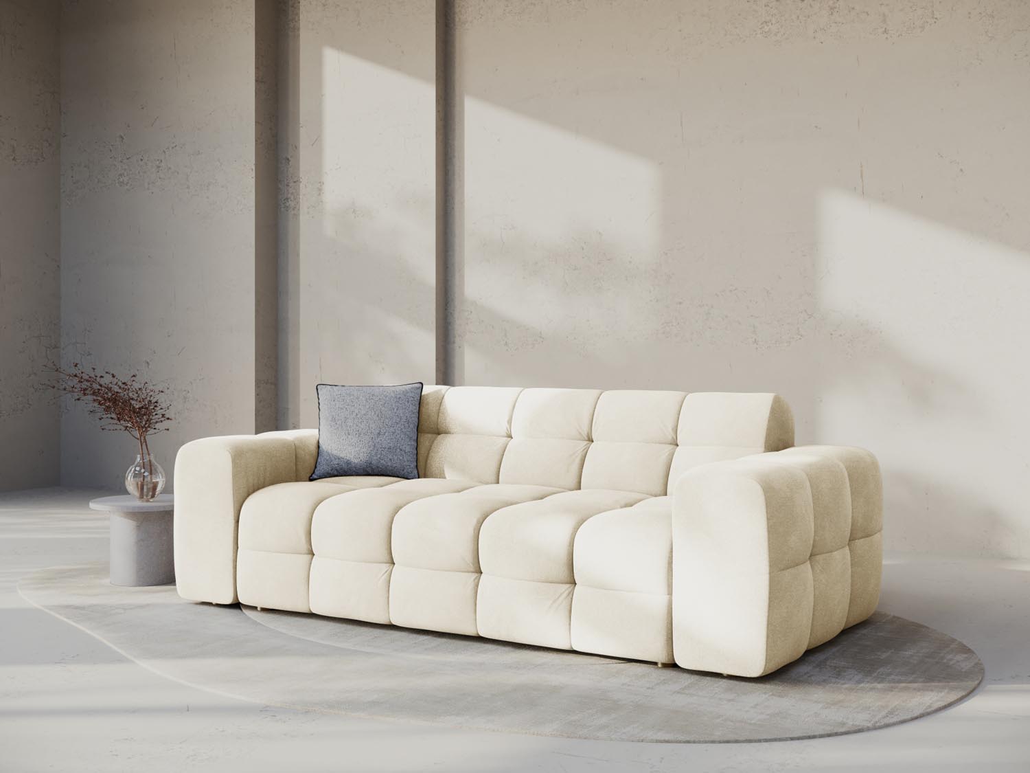 Elegantes Kendal Velour Sofa in Ivory, 3-Sitzer von Micadoni, ideal für stilvolle Wohnräume und gemütliche Abende.