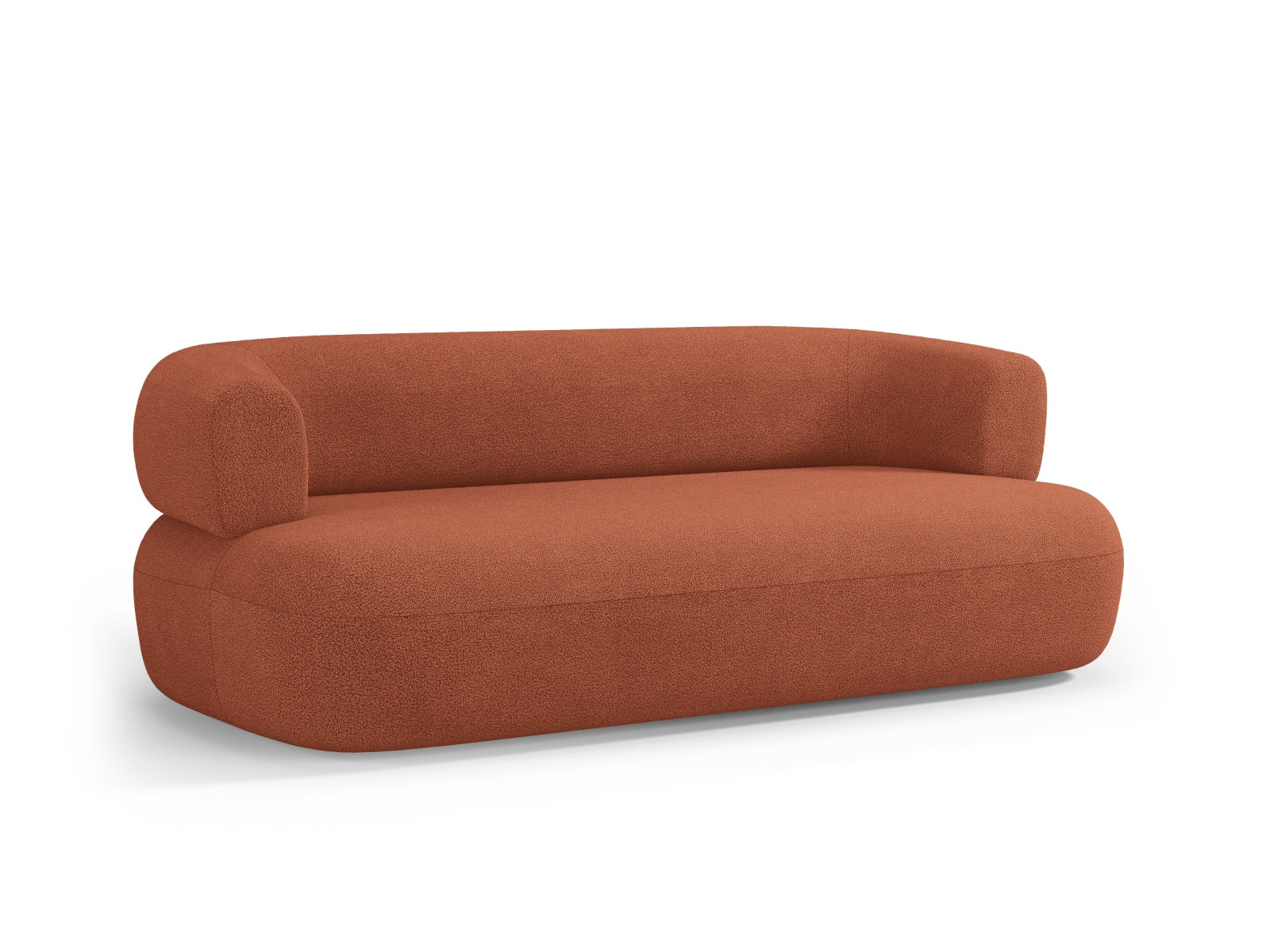 Modernes 3-Sitzer Sofa Jenny in warmem Ziegelrot, gefertigt aus weichem Boucle-Stoff, perfekt für einladende Wohnambiente.