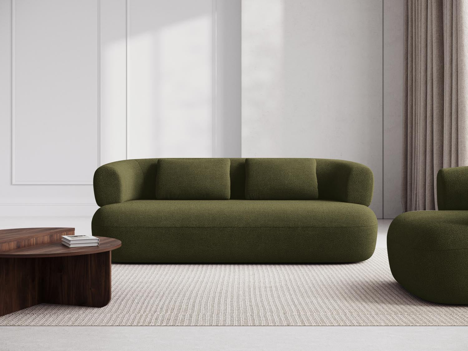 Elegantes Jenny Boucle Sofa in sanftem Grün, ideal für stilvolle Wohnräume. Komfortables 3-Sitzer-Design von Micadoni.