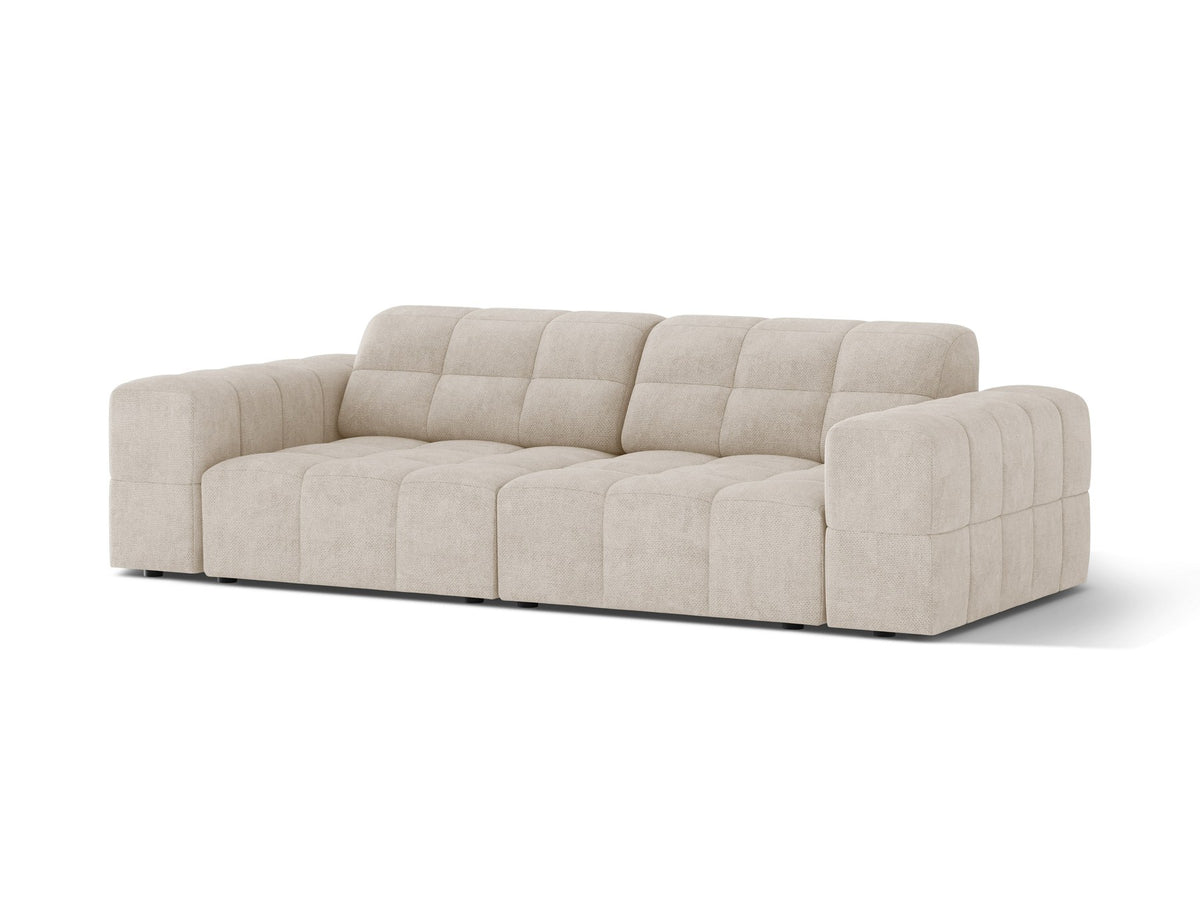 Beige gepolstertes 3er Sofa Jennifer von Micadoni mit schwarzen Kunststoffbeinen und leicht geneigter Rückenlehne, Stoffbezug Bluvel.