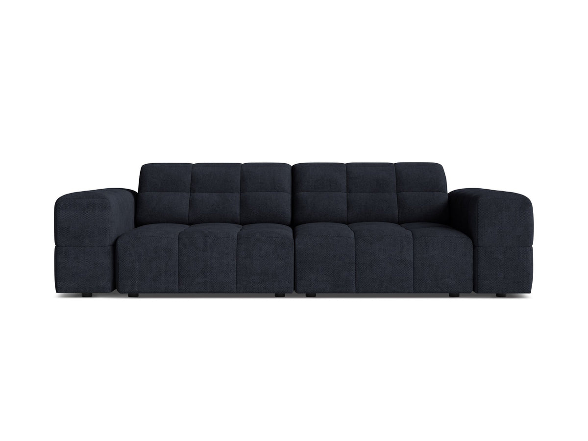 Beige gepolstertes 3er Sofa Jennifer von Micadoni mit schwarzen Kunststoffbeinen und leicht geneigter Rückenlehne, Stoffbezug Bluvel.