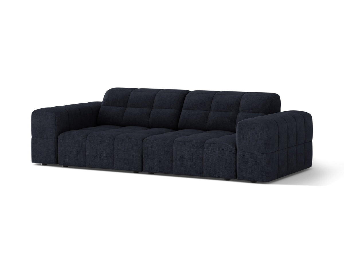 Beige gepolstertes 3er Sofa Jennifer von Micadoni mit schwarzen Kunststoffbeinen und leicht geneigter Rückenlehne, Stoffbezug Bluvel.
