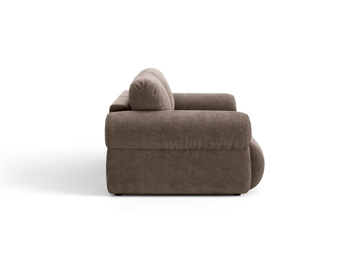 3er Sofa Ophelia von Micadoni in Beige mit Liberty Stoffbezug, niedriger Rückenlehne und schwarzen Kunststoffbeinen, modulare Bauweise sichtbar.
