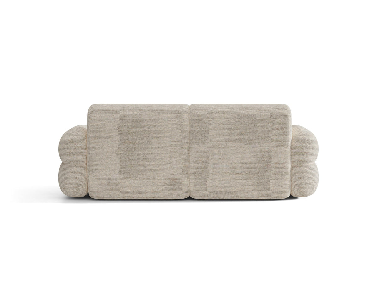 3er Sofa Neo von Micadoni in dunklem Olivgrün, mit strukturiertem Bouclé-Stoff, schwarzen Kunststoffbeinen und hoher gepolsterter Rückenlehne.