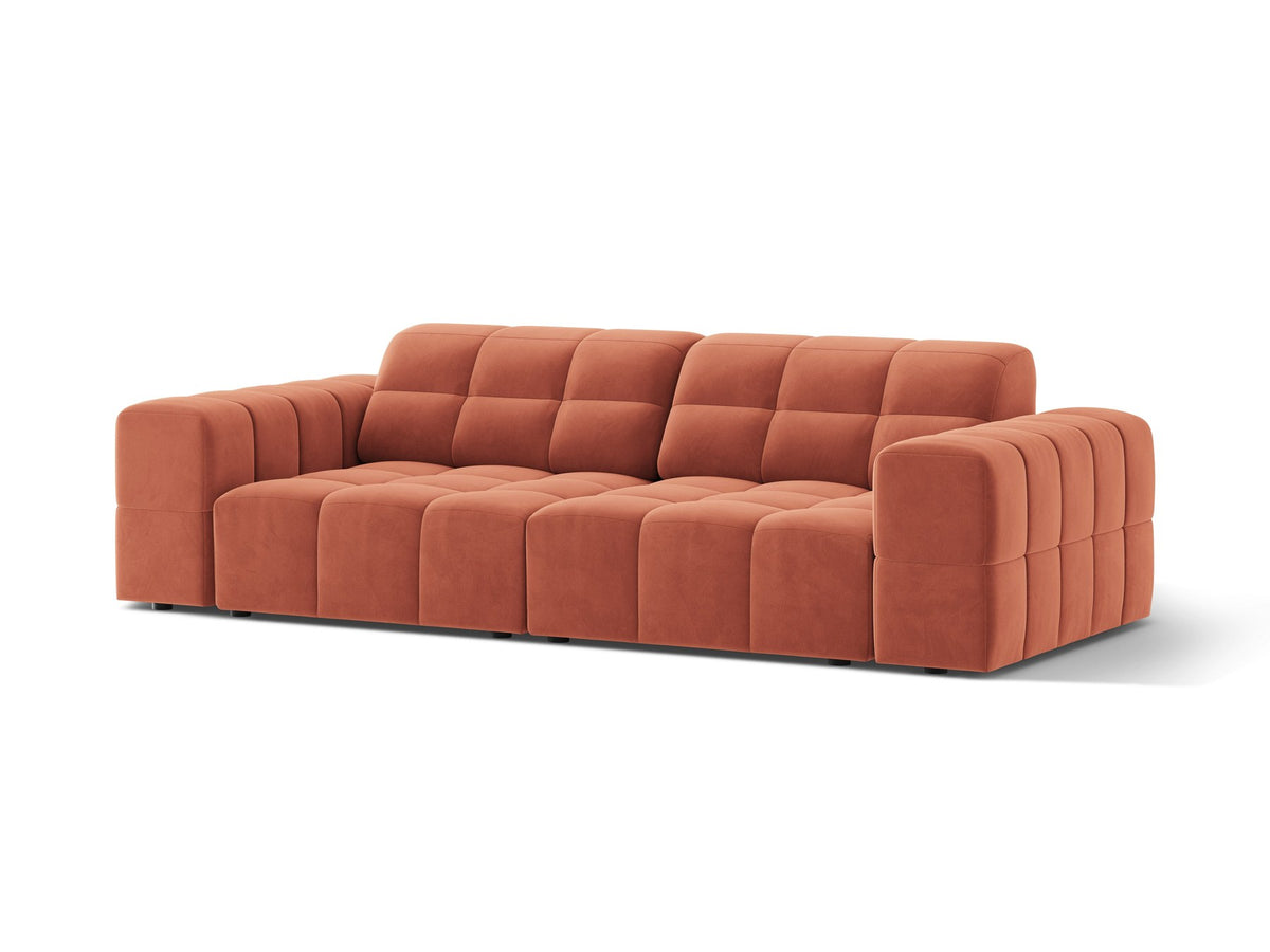 Beige gepolstertes 3er Sofa Jennifer von Micadoni mit schwarzen Kunststoffbeinen und leicht geneigter Rückenlehne, Stoffbezug Bluvel.
