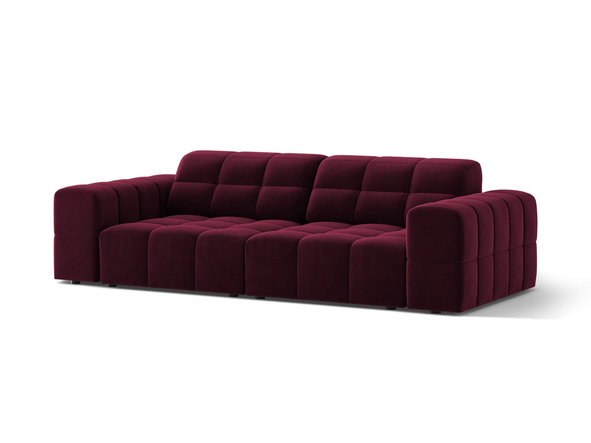 Beige gepolstertes 3er Sofa Jennifer von Micadoni mit schwarzen Kunststoffbeinen und leicht geneigter Rückenlehne, Stoffbezug Bluvel.
