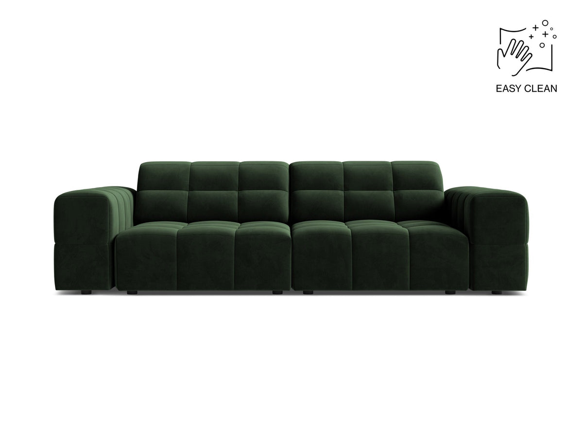 Beige gepolstertes 3er Sofa Jennifer von Micadoni mit schwarzen Kunststoffbeinen und leicht geneigter Rückenlehne, Stoffbezug Bluvel.