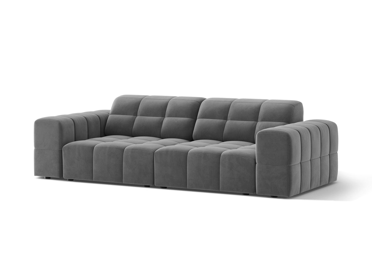 Beige gepolstertes 3er Sofa Jennifer von Micadoni mit schwarzen Kunststoffbeinen und leicht geneigter Rückenlehne, Stoffbezug Bluvel.